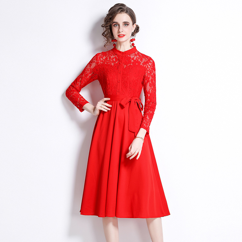 Splice long sleeve slim pure lace fashion dress