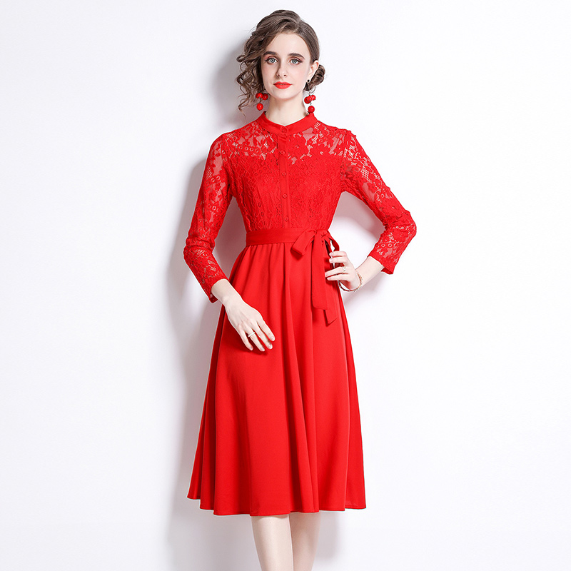 Splice long sleeve slim pure lace fashion dress