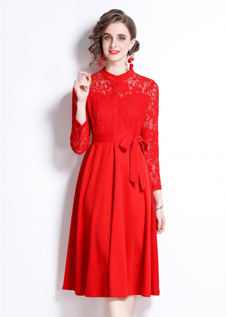 Splice long sleeve slim pure lace fashion dress