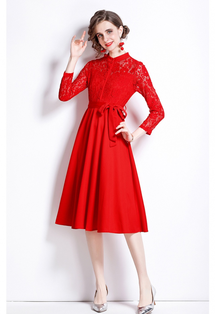 Splice long sleeve slim pure lace fashion dress