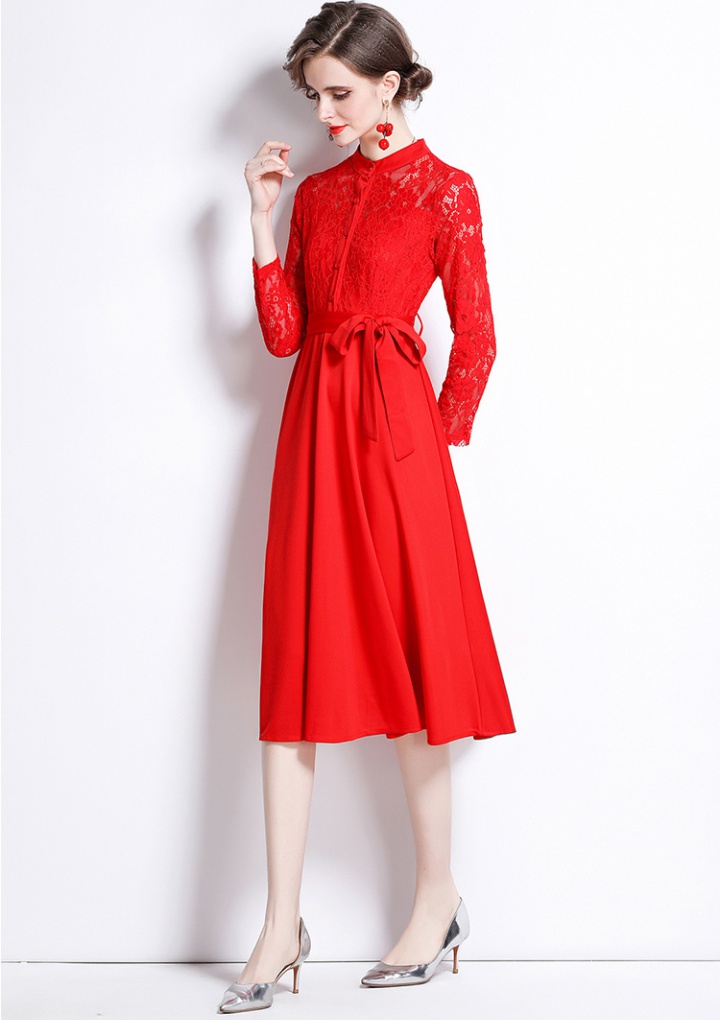 Splice long sleeve slim pure lace fashion dress