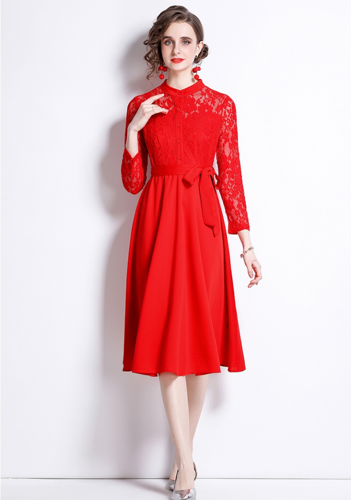 Splice long sleeve slim pure lace fashion dress