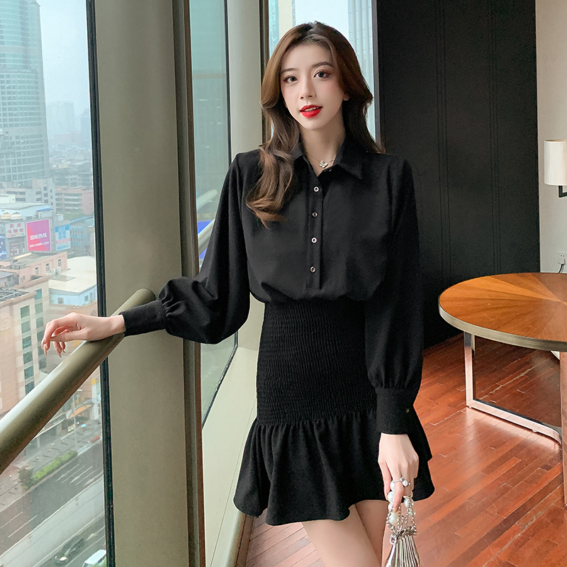 Spring lotus leaf edges commuting pure V-neck dress