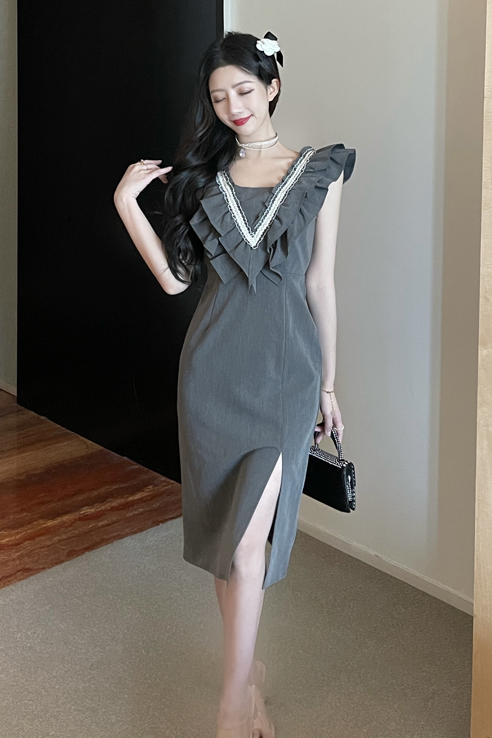 Slim double dress lotus leaf edges formal dress