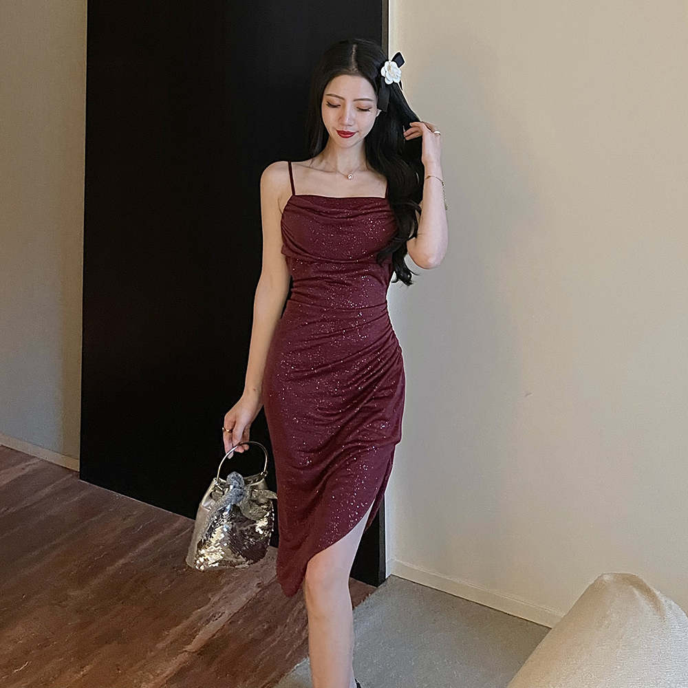 Retro wine-red formal dress banquet sling dress