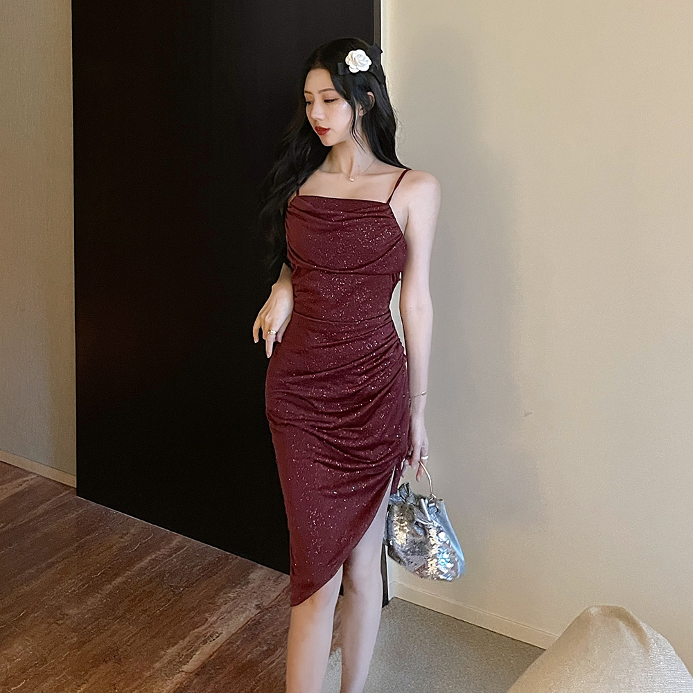 Retro wine-red formal dress banquet sling dress