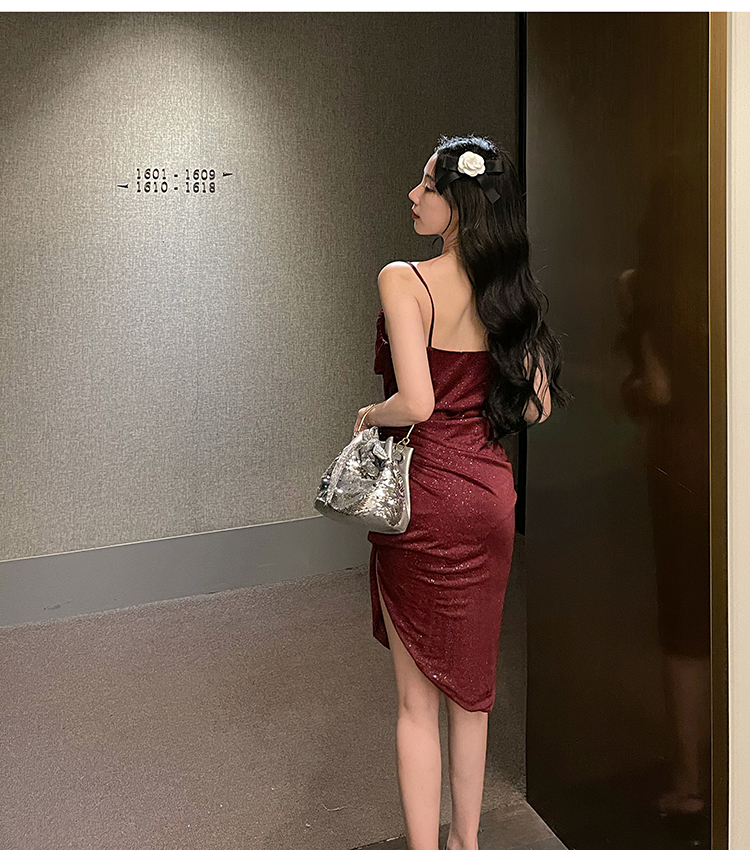 Retro wine-red formal dress banquet sling dress