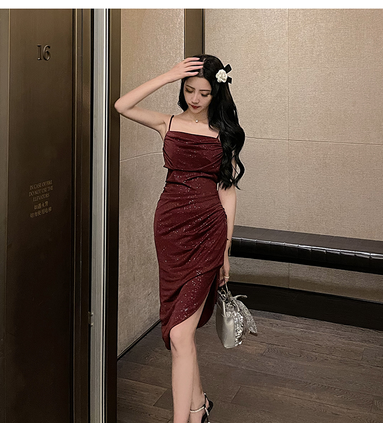 Retro wine-red formal dress banquet sling dress