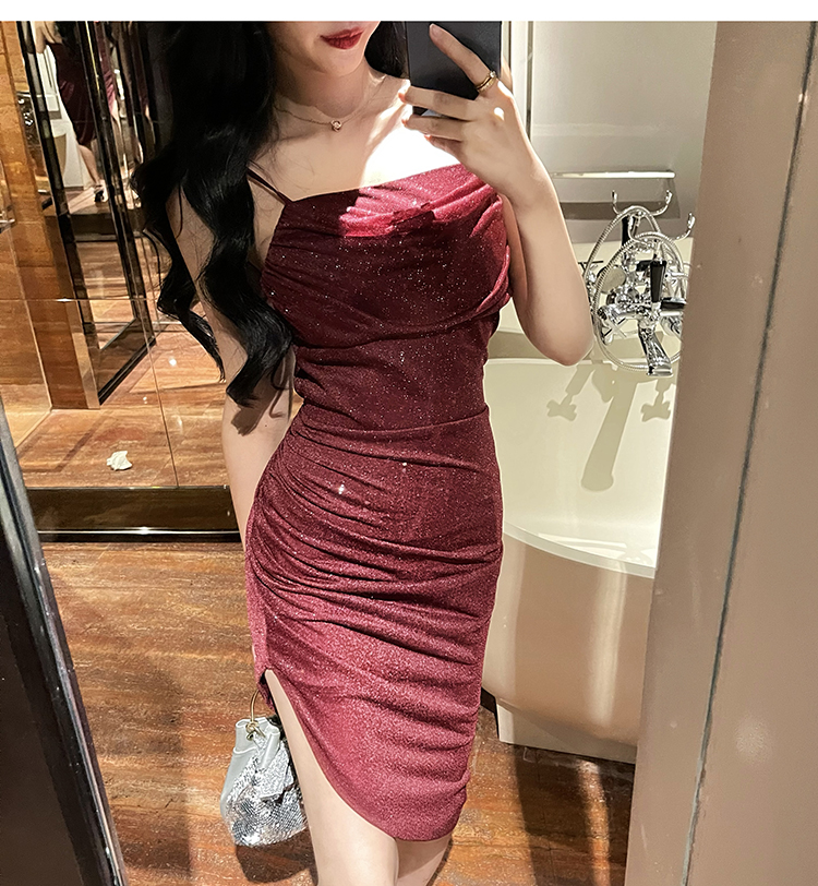 Retro wine-red formal dress banquet sling dress