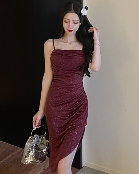 Retro wine-red formal dress banquet sling dress