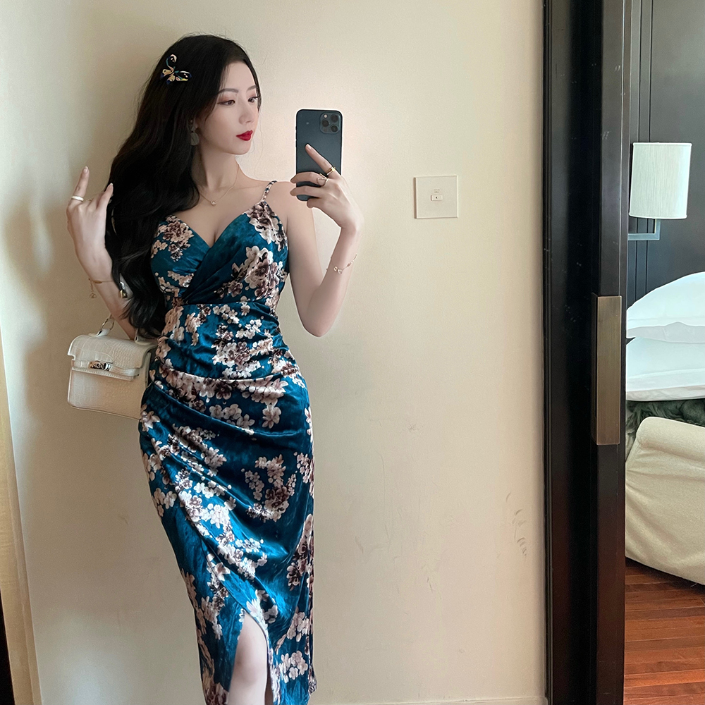 Sling split floral velvet sexy dress