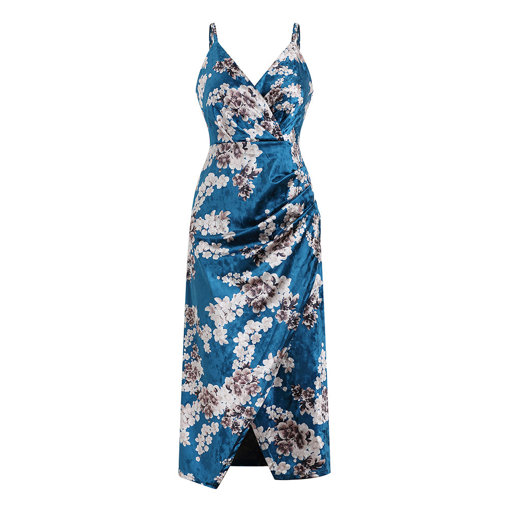 Sling split floral velvet sexy dress