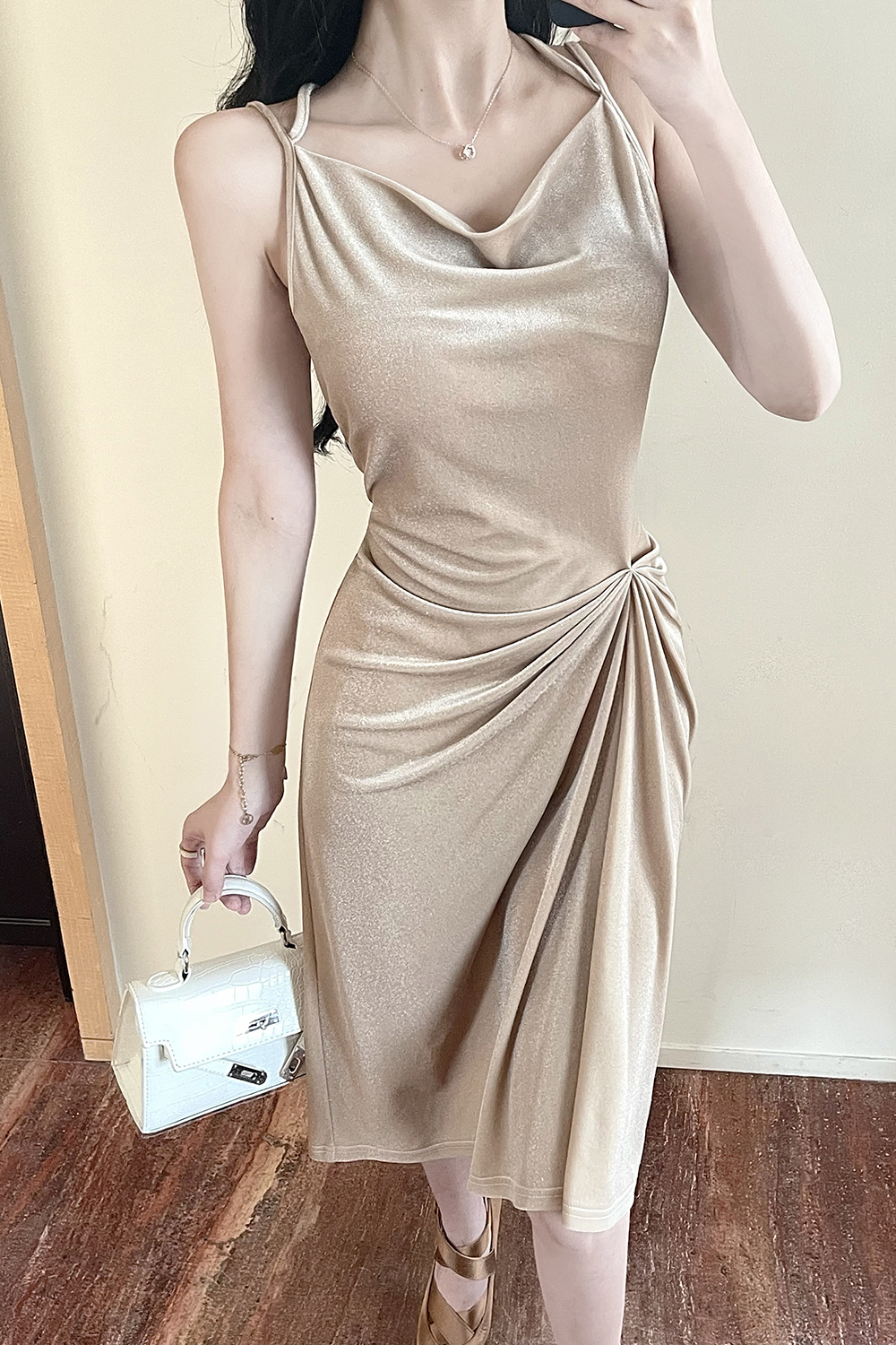 Retro sling long fold France style slim dress