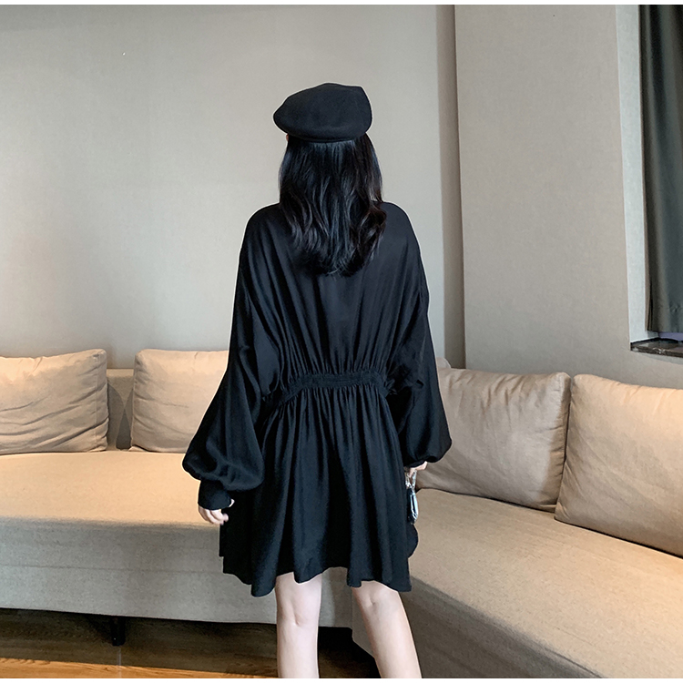 Loose lazy shirt pinched waist lantern sleeve dress