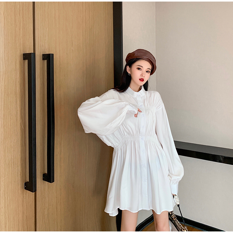 Loose lazy shirt pinched waist lantern sleeve dress