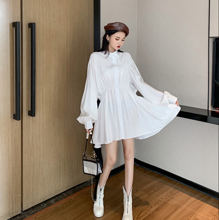 Loose lazy shirt pinched waist lantern sleeve dress