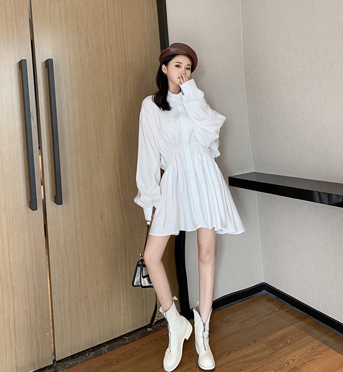 Loose lazy shirt pinched waist lantern sleeve dress