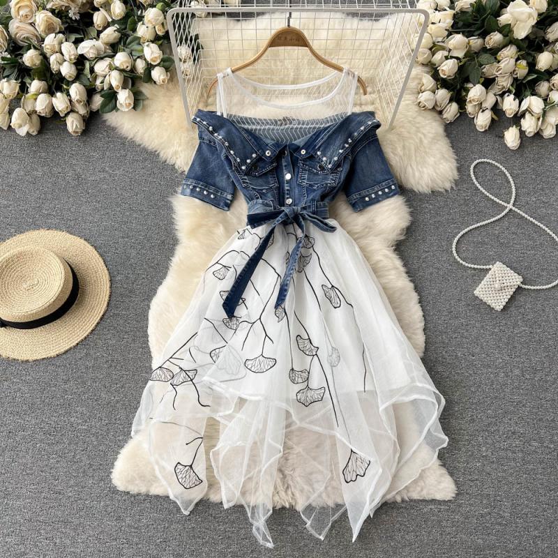 Splice beading summer organza denim dress