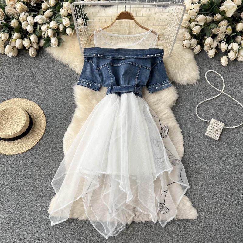 Splice beading summer organza denim dress