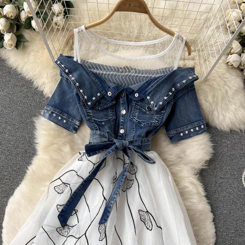 Splice beading summer organza denim dress