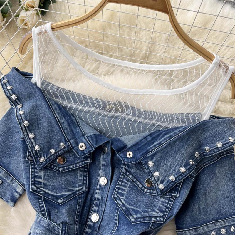 Splice beading summer organza denim dress