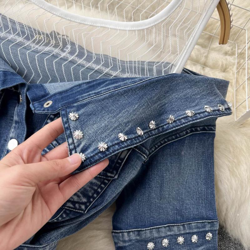 Splice beading summer organza denim dress