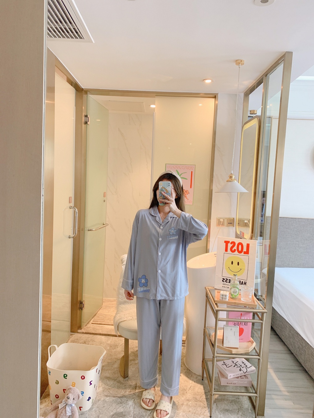 Lapel cardigan long sleeve pajamas 2pcs set for women