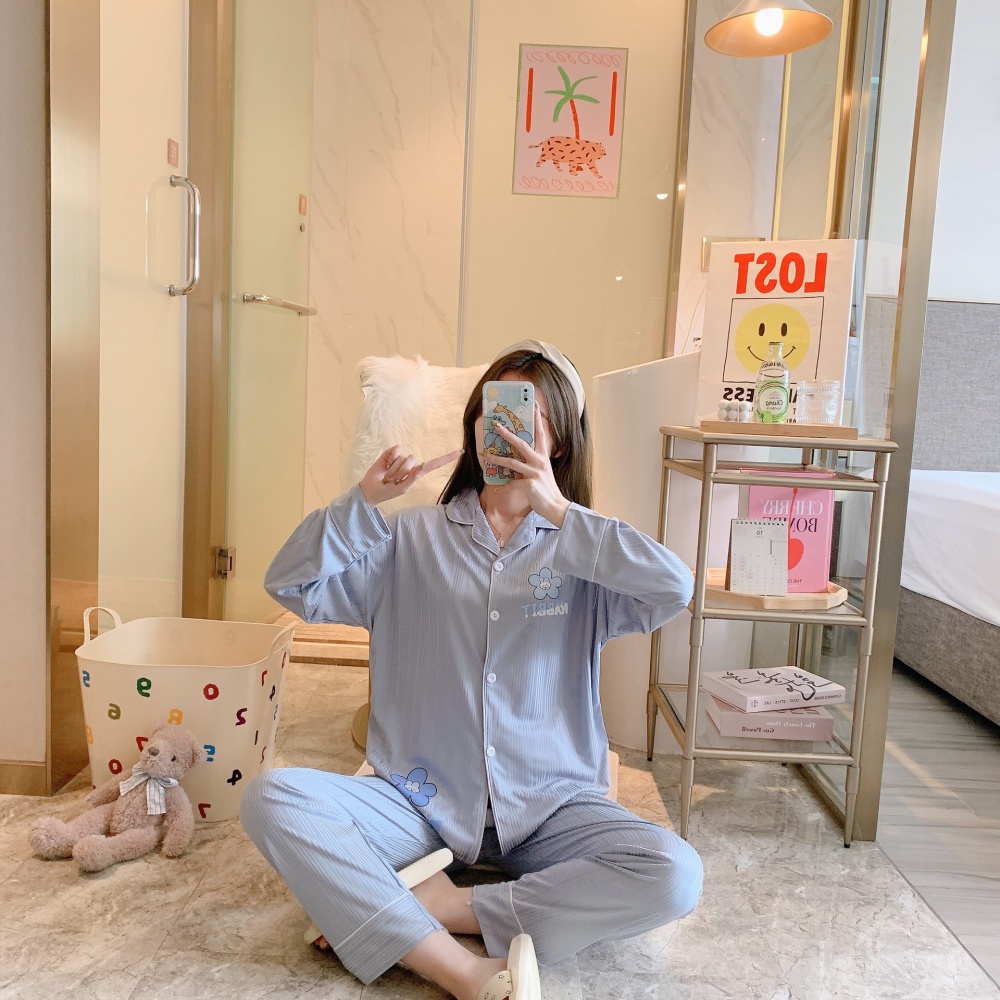 Lapel cardigan long sleeve pajamas 2pcs set for women