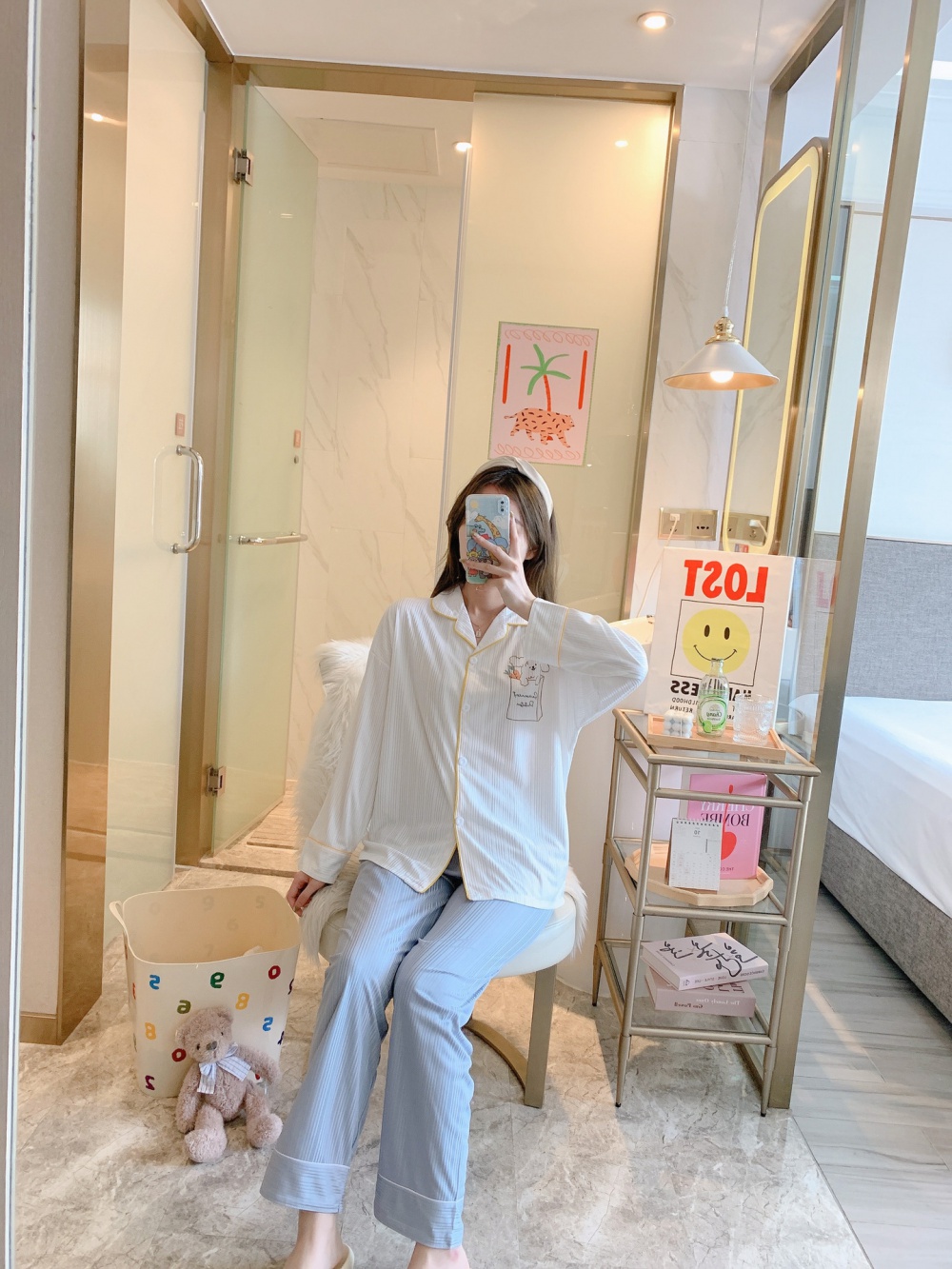 Milk silk cardigan long sleeve pajamas 2pcs set for women