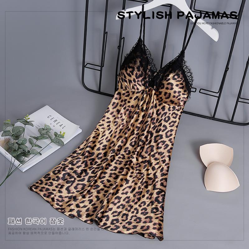 At home leopard dress with chest pad sling pajamas