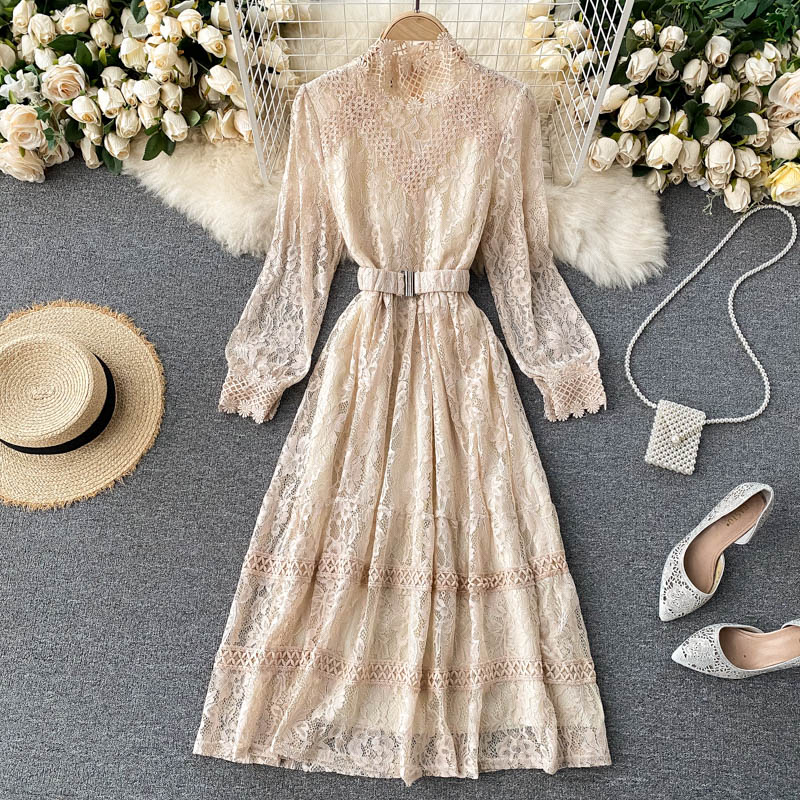 Hollow slim autumn and winter long lace tender dress