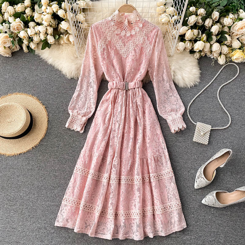 Hollow slim autumn and winter long lace tender dress