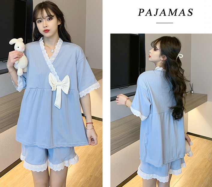 Loose girl shorts short sleeve cotton pajamas 2pcs set