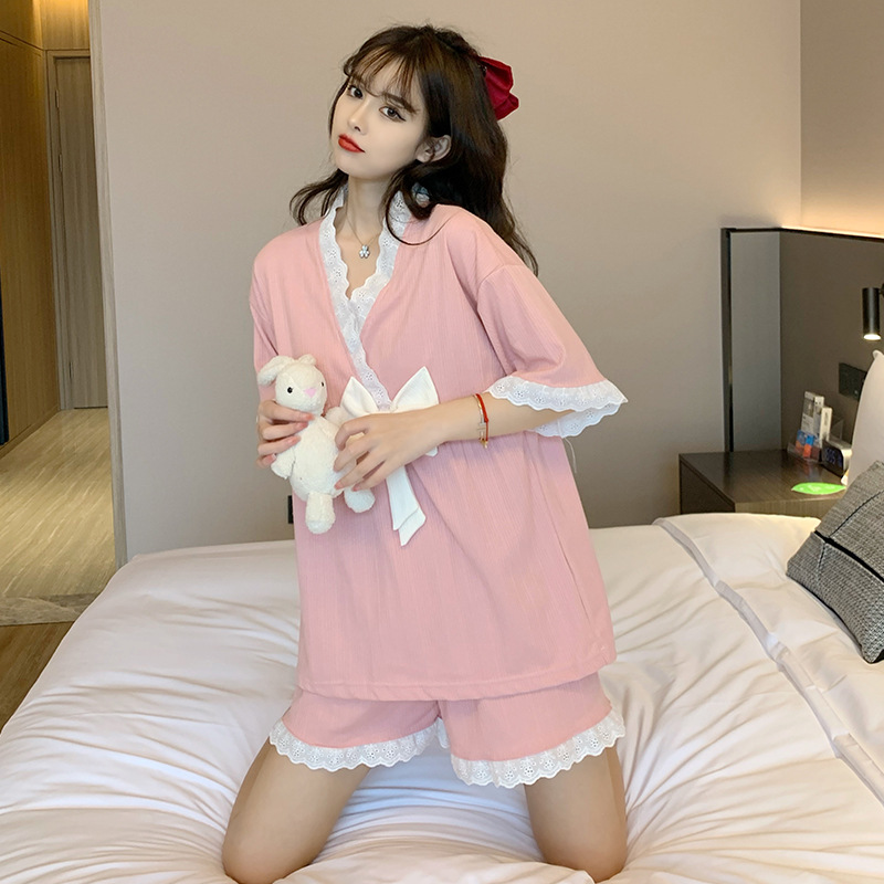 Loose girl shorts short sleeve cotton pajamas 2pcs set