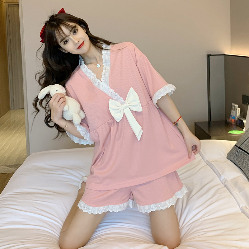 Loose girl shorts short sleeve cotton pajamas 2pcs set