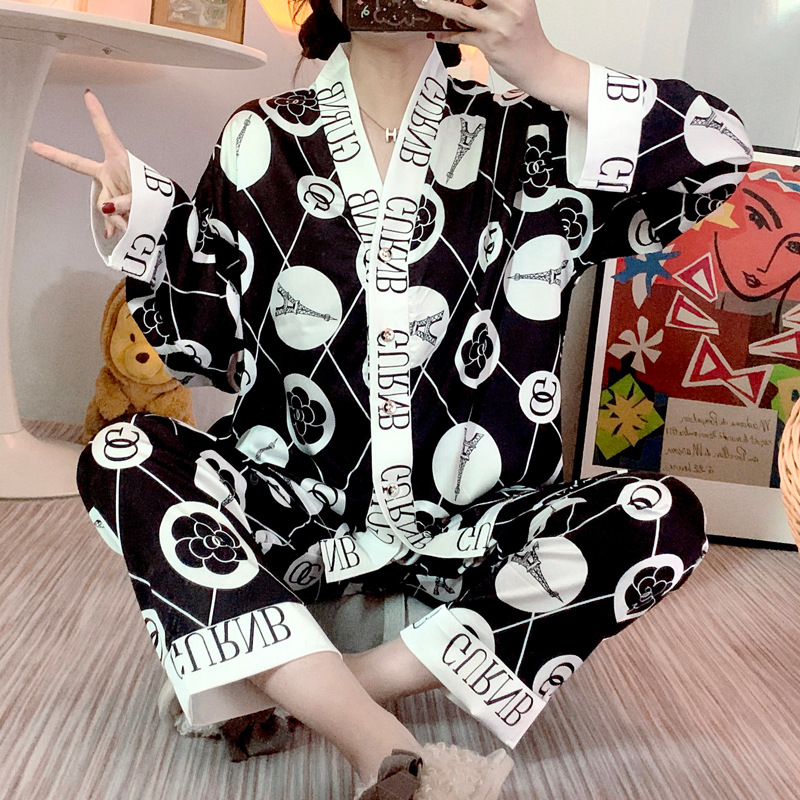 Homewear cardigan ice silk pajamas 2pcs set for women