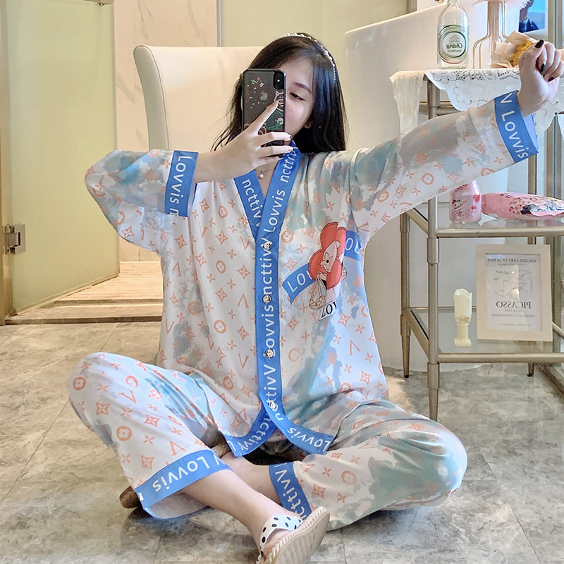 Homewear cardigan ice silk pajamas 2pcs set for women