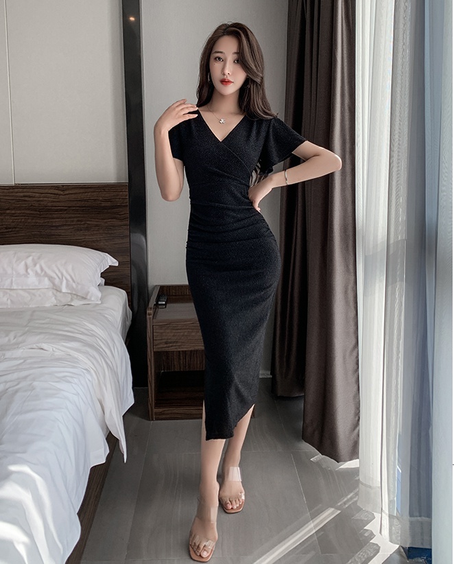 Short sleeve package hip long dress slim liangsi dress