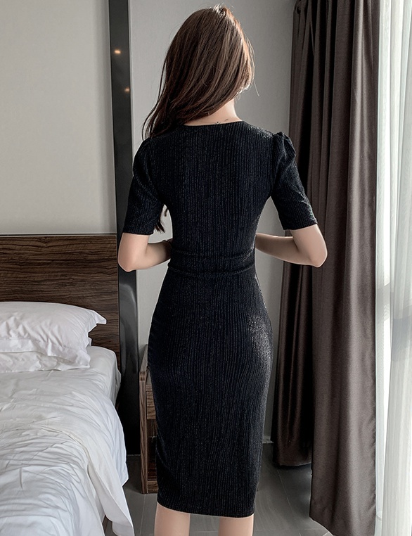 Slim split long dress Korean style folds dress for women