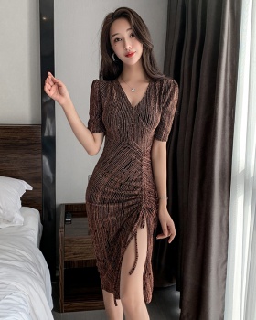 Slim split long dress Korean style folds dress for women