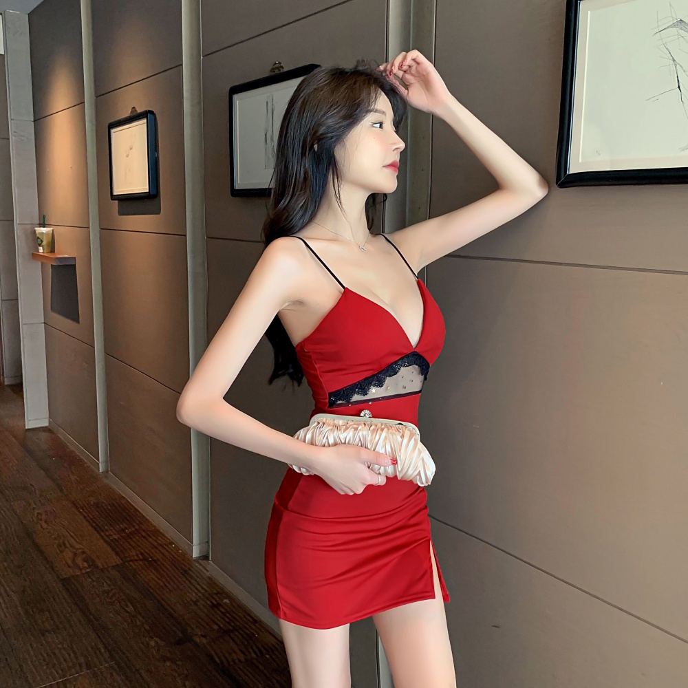 Splice hollow sexy package hip sling gauze dress