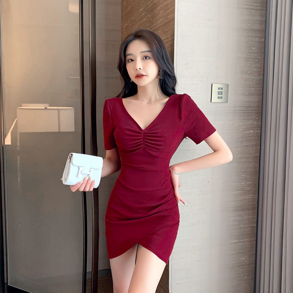 Package hip slim V-neck split sexy high waist dress