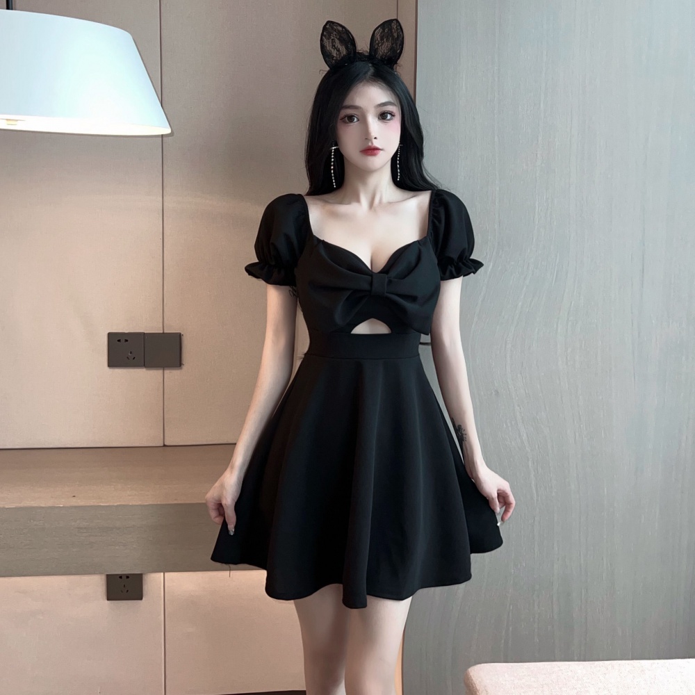 Puff sleeve Korean style slim sweet big bow dress