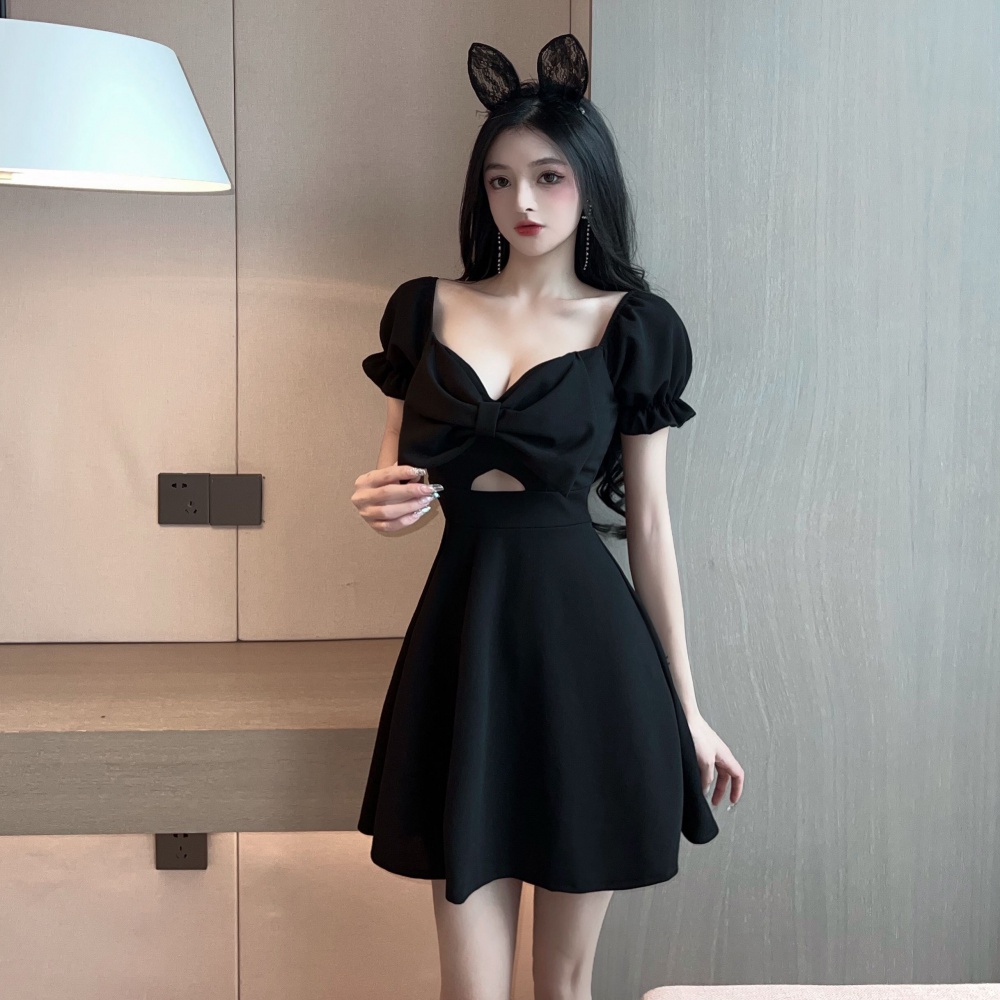 Puff sleeve Korean style slim sweet big bow dress