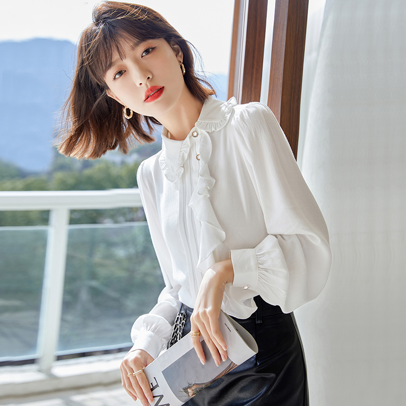 Lace long sleeve chiffon shirt oblique collar tops