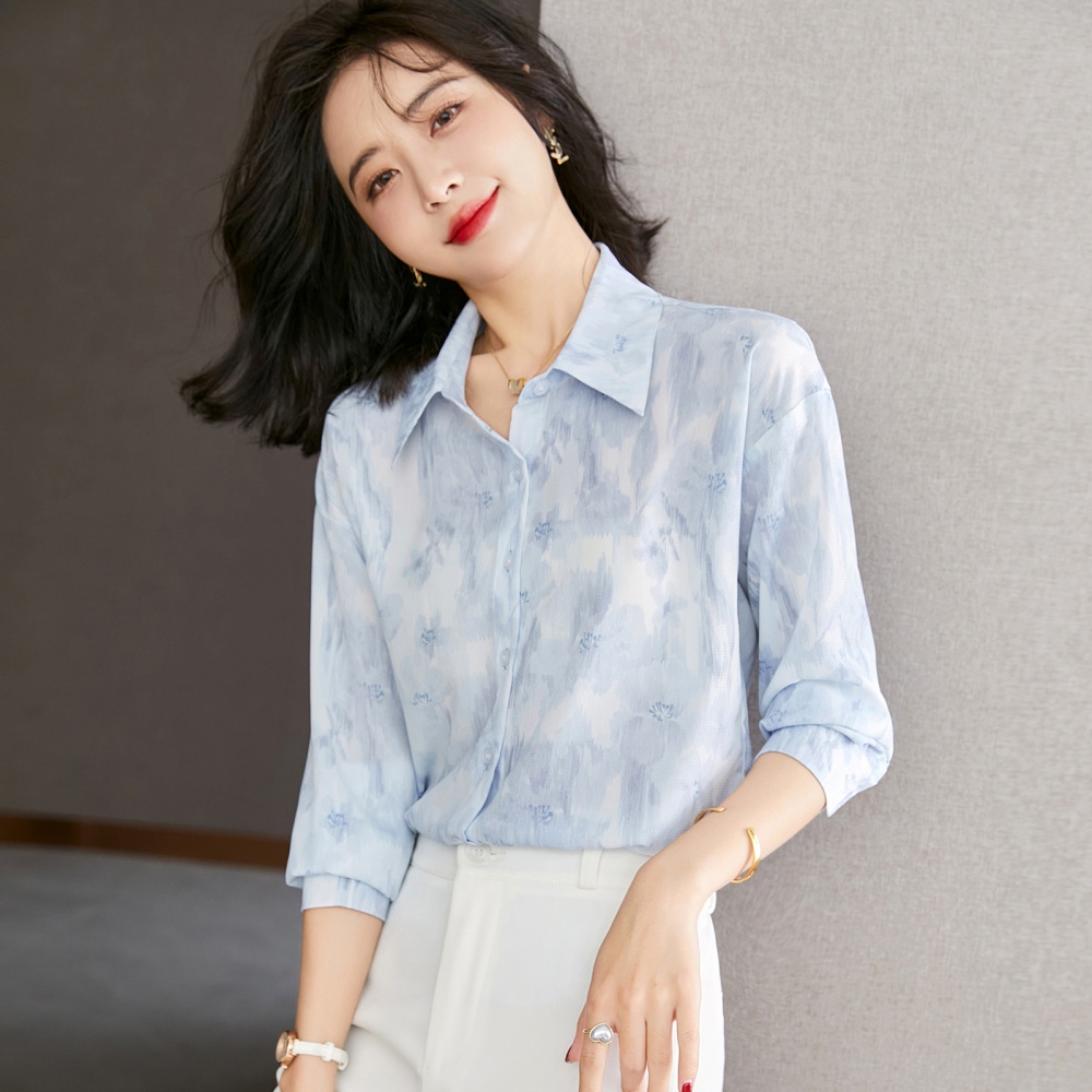 Simple blue colors chiffon shirt sunscreen thin tops