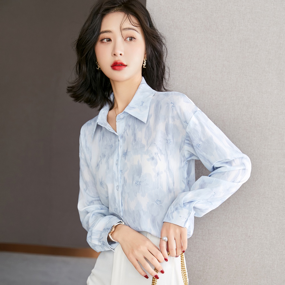 Simple blue colors chiffon shirt sunscreen thin tops