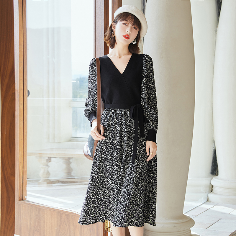 Pseudo-two France style long dress spring knitted dress