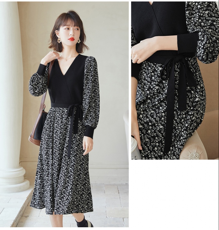 Pseudo-two France style long dress spring knitted dress