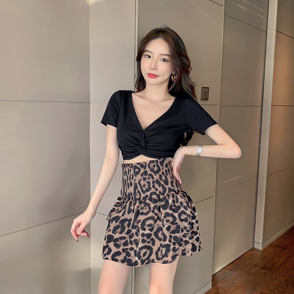 Leopard spicegirl small skirt retro tops 2pcs set